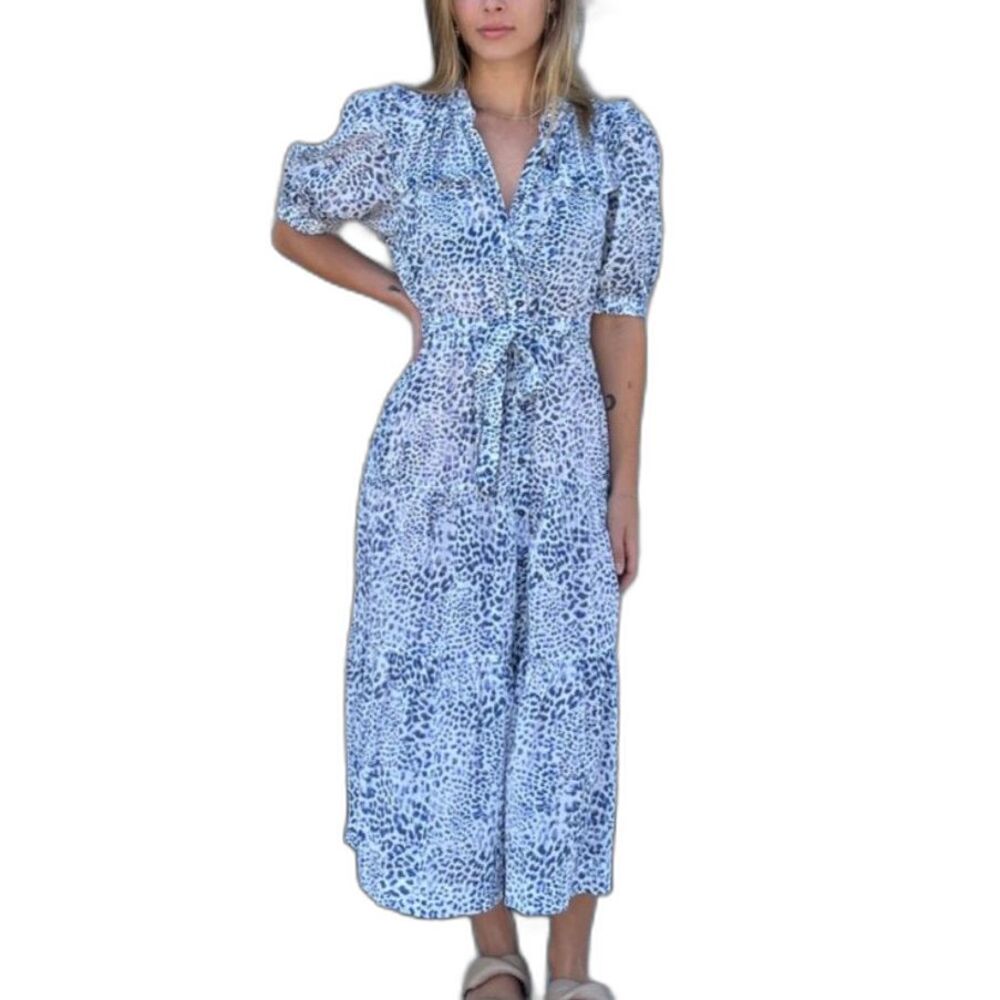 Lola Australia Blue White Cheetah Print Airy Cotton V-Neck SS Midi Dress Size M